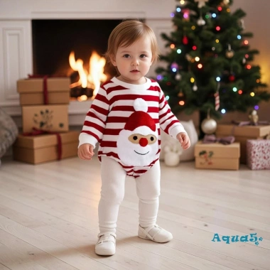 Aqua-Baby Áo Liền Quần Giáng Sinh Sọc In Ông Già Noel Thêu Tay Dài Cổ Tròn - Giá 190.080 VND