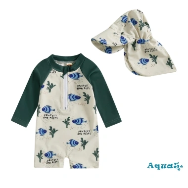 Aqua-baby Đồ Bơi Bé Trai Tay Dài Cá Rùa Rash Guard Áo Liền Quần Có Mũ - Mùa Hè Thoáng Khí, Bảo Vệ Da 10