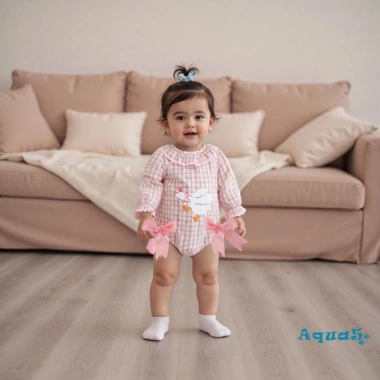 Aqua-Baby Jumpsuit Nữ Thu Đông áo liền quần rời, nơ ngỗng thêu, kẻ sọc dài tay – 222.912đ