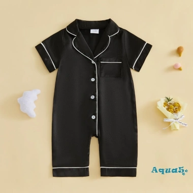 Aqua-Baby Jumpsuit Tay Ngắn Cổ Áo Tương Phản Dây Nút Lên - Bộ Ngủ Sơ Sinh Không Chân 3