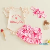 Aqua-Baby Set Trang Phục Bé Gái Ngày Của Mẹ Áo Liền Quần Ngắn Tay, Quần Short Xếp Nếp và Băng Đồ Thời Trang