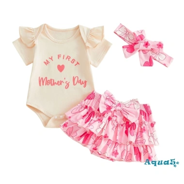 Aqua-Baby Set Trang Phục Bé Gái Ngày Của Mẹ Áo Liền Quần Ngắn Tay, Quần Short Xếp Nếp và Băng Đồ Thời Trang 10