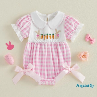 Aqua-Infant Áo liền quần bé gái Phục Sinh Puff tay ngắn, cổ thỏ, thêu cà rốt, nơ trang trí - Giá ưu đãi 209.412₫