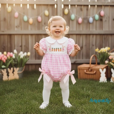 Aqua-Infant Áo liền quần bé gái Phục Sinh Puff tay ngắn, cổ thỏ, thêu cà rốt, nơ trang trí - Giá ưu đãi 209.412₫