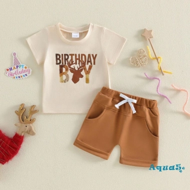 Aqua-Kids Quần short bé trai & áo thun nữ tay ngắn in chữ, eo co giãn, trang phục sinh nhật mùa hè 3