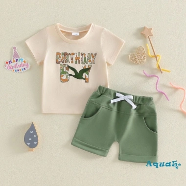 Aqua-Kids Quần short bé trai & áo thun nữ tay ngắn in chữ, eo co giãn, trang phục sinh nhật mùa hè 4