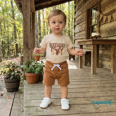Aqua-Kids Quần short bé trai & áo thun nữ tay ngắn in chữ, eo co giãn, trang phục sinh nhật mùa hè 9