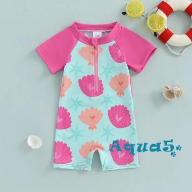 Aqua Rash Guard Bé Gái Đồ Bơi Hoa Sao Biển Zip Up Tay Ngắn Cổ Tròn 180k 4
