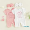 Aqua Romper Bé Gái Trẻ Sơ Sinh Cổ Tròn Tay Ngắn In Chữ, Có Gân và Nơ Đầu Bộ