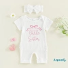 Aqua Romper Bé Gái Trẻ Sơ Sinh Cổ Tròn Tay Ngắn In Chữ, Có Gân và Nơ Đầu Bộ 3