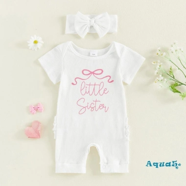 Aqua Romper Bé Gái Trẻ Sơ Sinh Cổ Tròn Tay Ngắn In Chữ, Có Gân và Nơ Đầu Bộ