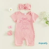 Aqua Romper Bé Gái Trẻ Sơ Sinh Cổ Tròn Tay Ngắn In Chữ, Có Gân và Nơ Đầu Bộ 4