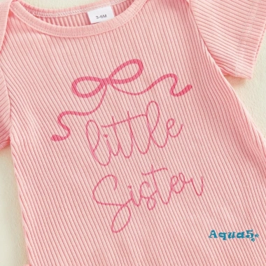 Aqua Romper Bé Gái Trẻ Sơ Sinh Cổ Tròn Tay Ngắn In Chữ, Có Gân và Nơ Đầu Bộ