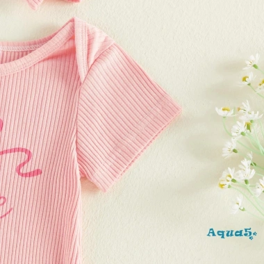 Aqua Romper Bé Gái Trẻ Sơ Sinh Cổ Tròn Tay Ngắn In Chữ, Có Gân và Nơ Đầu Bộ