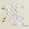 Aqua Toddler Baby Girl Set Mùa Hè Áo Cổ Tròn Nút Anh Đào và Quần Short Ngắn Tay 3
