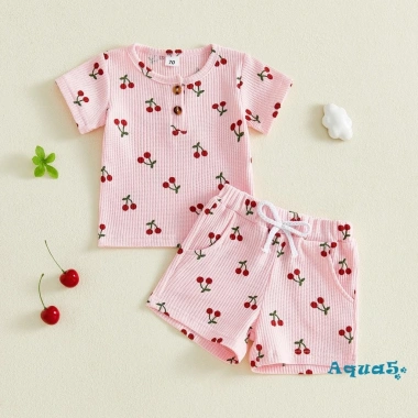 Aqua Toddler Baby Girl Set Mùa Hè Áo Cổ Tròn Nút Anh Đào và Quần Short Ngắn Tay 4
