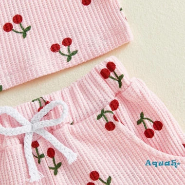 Aqua Toddler Baby Girl Set Mùa Hè Áo Cổ Tròn Nút Anh Đào và Quần Short Ngắn Tay 7
