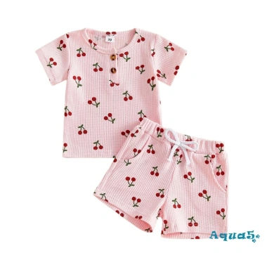 Aqua Toddler Baby Girl Set Mùa Hè Áo Cổ Tròn Nút Anh Đào và Quần Short Ngắn Tay 10