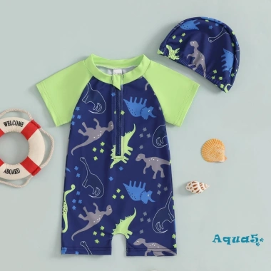 Aqua Toddler Boy Rash Guard Đồ bơi tay ngắn in động vật, mock cổ zip, mũ bơi 2