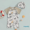Aqua Toddler Boy Rash Guard Đồ bơi tay ngắn in động vật, mock cổ zip, mũ bơi 3