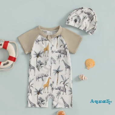Aqua Toddler Boy Rash Guard Đồ bơi tay ngắn in động vật, mock cổ zip, mũ bơi 3