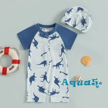 Aqua Toddler Boy Rash Guard Đồ bơi tay ngắn in động vật, mock cổ zip, mũ bơi 4