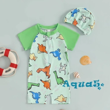 Aqua Toddler Boy Rash Guard Đồ bơi tay ngắn in động vật, mock cổ zip, mũ bơi 5