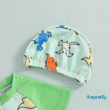 Aqua Toddler Boy Rash Guard Đồ bơi tay ngắn in động vật, mock cổ zip, mũ bơi 6