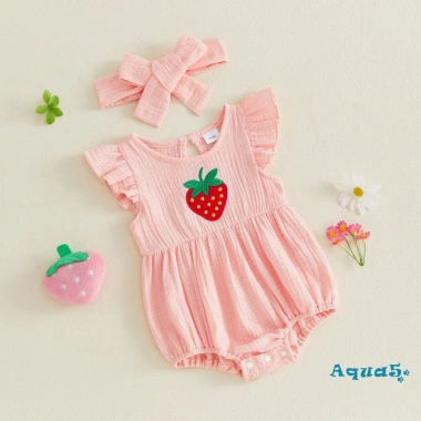 Aqua Trang Phục Bé Gái Tay Bay Thêu Dâu Áo Liền Quần Nơ Băng Đô Quấn Tóc 2