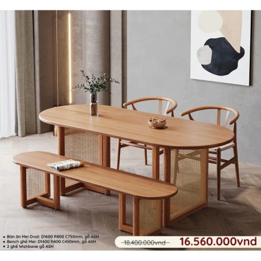 Bàn Ăn Gỗ + Mây Mặt OVA L + Ghế Bench và 2 Ghế Wishbone - Giá ưu đãi 18,4 triệu 2