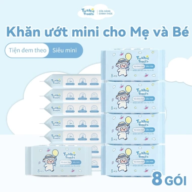 Bịch 8 gói Tushie Treats Khăn ướt mini không cồn không mùi - da nhạy cảm, tiện du lịch, 13.500₫