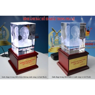 Biểu Trưng Pha Lê 3D Tượng Bác Khắc Laser Đế Gỗ Đèn LED Quà Hoàng Gia 750k 6