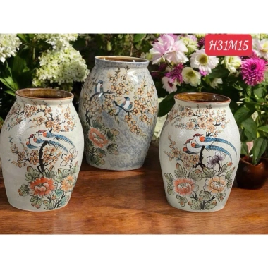 Bình Cắm Hoa Chum Miệng Rộng Thủ Công Gốm Bát Tràng Vẽ Tay Độc Đáo, Giá 450.000₫