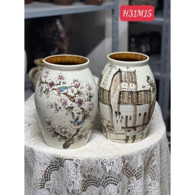Bình Cắm Hoa Chum Miệng Rộng Thủ Công Gốm Bát Tràng Vẽ Tay Độc Đáo, Giá 450.000₫