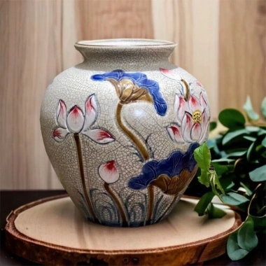 Bình cắm hoa men rạn họa tiết hoa sen cao cấp Bát Tràng GSNP - Giá chỉ 350.000đ