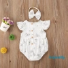 Bộ 2 Món Áo Liền Quần Cổ Tròn In Hoa Phối Bèo và Băng Đô Bé Gái 0-24 Tháng