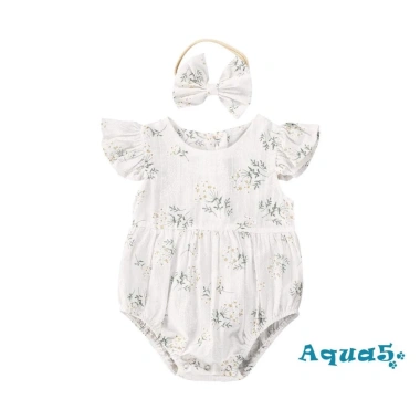 Bộ 2 Món Áo Liền Quần Cổ Tròn In Hoa Phối Bèo và Băng Đô Bé Gái 0-24 Tháng 4
