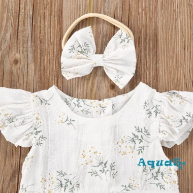 Bộ 2 Món Áo Liền Quần Cổ Tròn In Hoa Phối Bèo và Băng Đô Bé Gái 0-24 Tháng 6