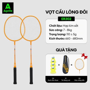 Bộ 2 vợt cầu lông Deli cán liền mẫu mới - màu cam, tặng 2 cầu + túi đựng, ER302