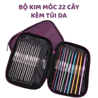 Bộ 22 cây kim móc len cán nhôm và túi da giao màu ngẫu nhiên, giá ưu đãi 150.000₫