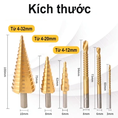 Bộ 6 mũi khoan tháp đa năng TAYO HSS mạ Titan Siêu bền cưa thép gió giảm giá 46k