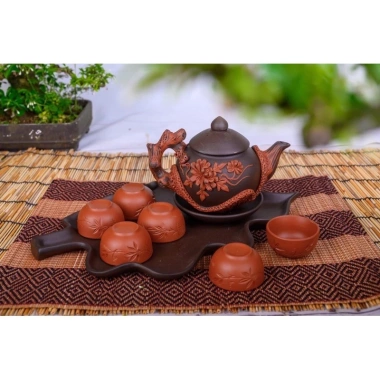 Bộ ấm chén đắp hoa, khay lá gốm Bát Tràng - Bộ trà sang trọng, giá chỉ 210.000 2