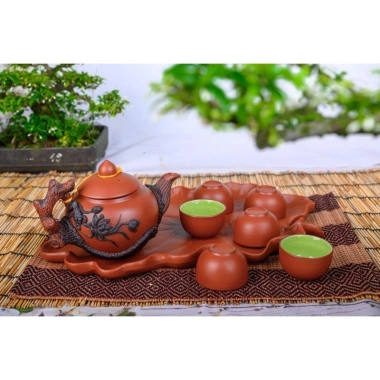 Bộ ấm chén đắp hoa, khay lá gốm Bát Tràng - Bộ trà sang trọng, giá chỉ 210.000 6