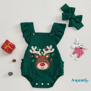 Bộ áo liền quần bé gái 2 mảnh Aqua Christmas, tay áo bay, thêu nai sừng tấm, kèm băng đô - Giá ưu đãi 192k