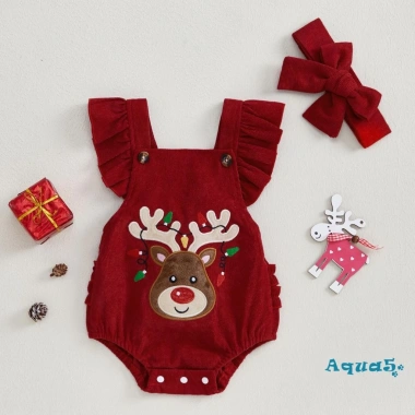 Bộ áo liền quần bé gái 2 mảnh Aqua Christmas, tay áo bay, thêu nai sừng tấm, kèm băng đô - Giá ưu đãi 192k