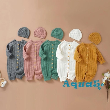 Bộ áo liền quần dệt kim mùa đông cho bé 0-18 tháng, tay dài, mũ, hàng nút, màu trơn