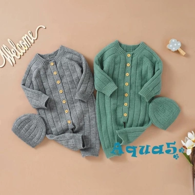 Bộ áo liền quần dệt kim mùa đông cho bé 0-18 tháng, tay dài, mũ, hàng nút, màu trơn