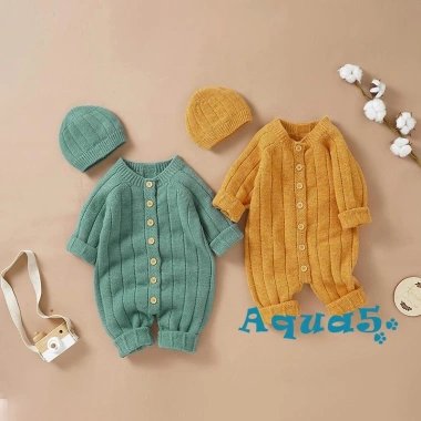 Bộ áo liền quần dệt kim mùa đông cho bé 0-18 tháng, tay dài, mũ, hàng nút, màu trơn