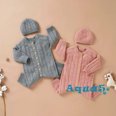 Bộ áo liền quần dệt kim mùa đông cho bé 0-18 tháng, tay dài, mũ, hàng nút, màu trơn