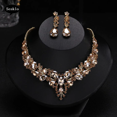 Bộ Bông Tai Cưới + Dây Chuyền Giả Pha Lê Kẻ Sọc Lấp Lánh - Phụ Kiện Nữ 8